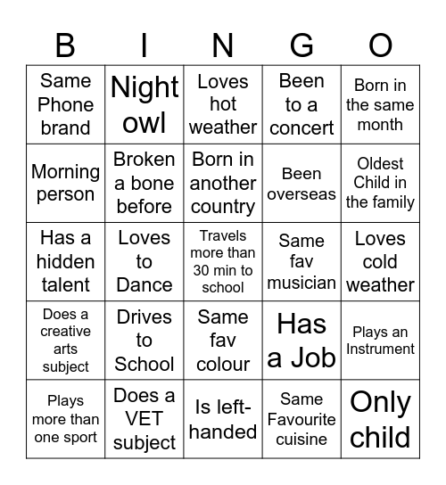 Meet and greet Bingo Card