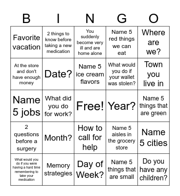 Cognitive Bingo Card