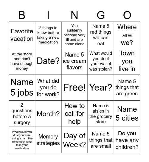 Cognitive Bingo Card