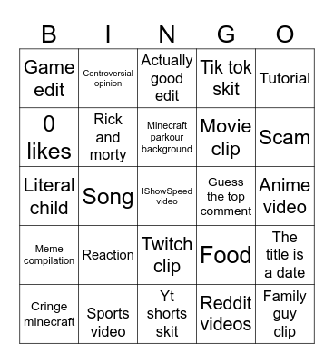 YouTube shorts Bingo Card