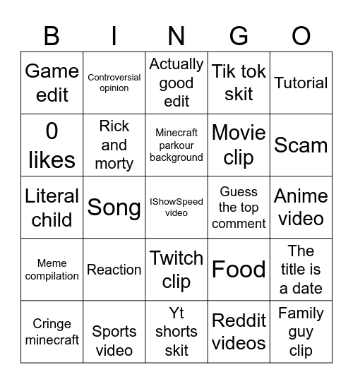 YouTube shorts Bingo Card