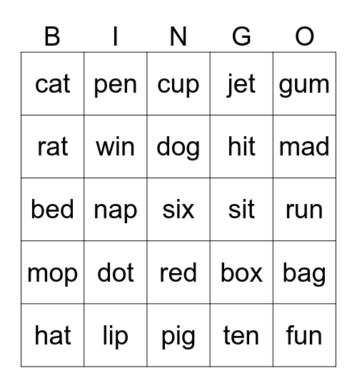 CVC Words Bingo Card