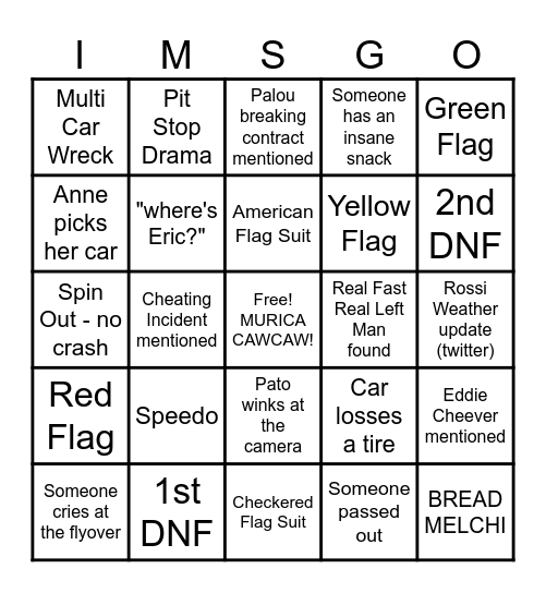 Indy 500 2024 Bingo Card