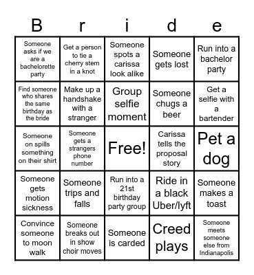 Bachelorette Bingo Card