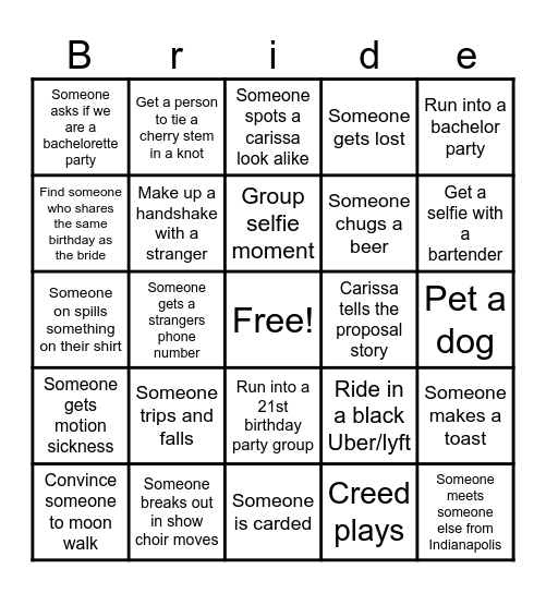 Bachelorette Bingo Card