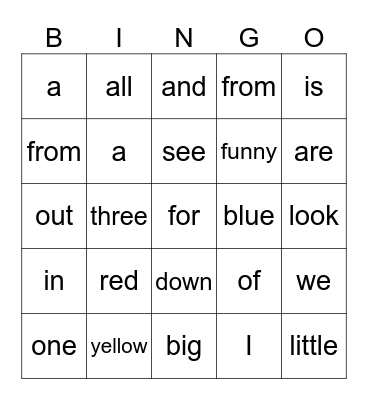 High Frequency Words Bingo Card