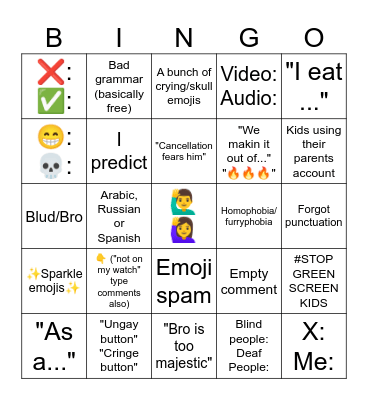 SHORTS COMMENTS BINGO (original idea) Bingo Card