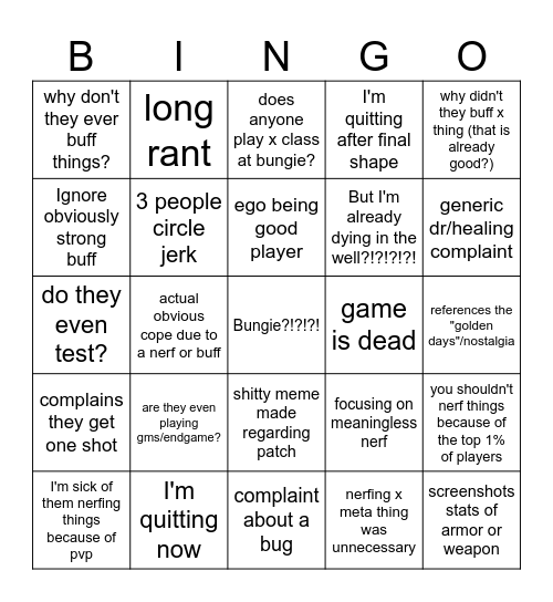 Destiny Twab Complainer Bingo Card
