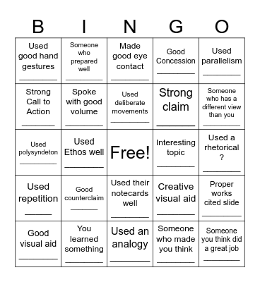 Speech Audience BINGO Card