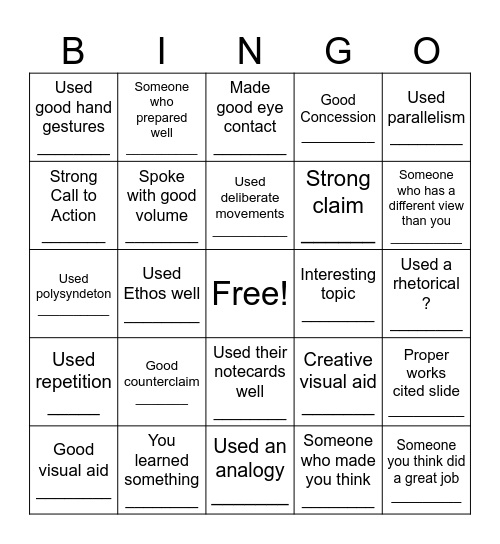 Speech Audience BINGO Card