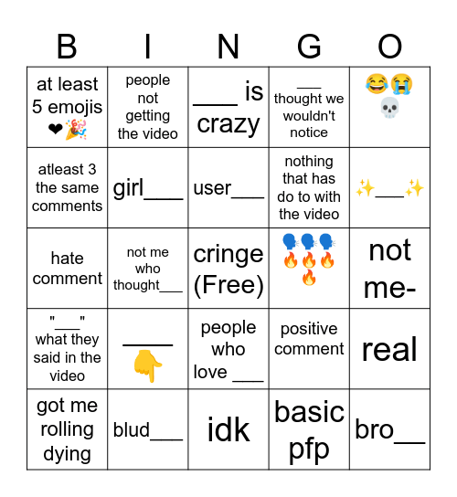 yt shorts comment section Bingo Card