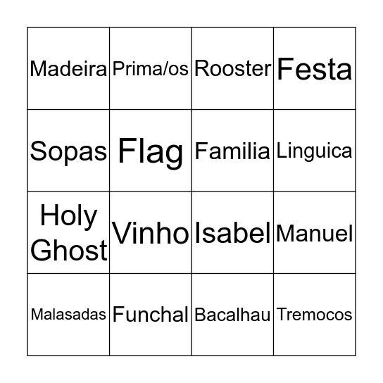 Rodrigues Family Festa Bingo Card