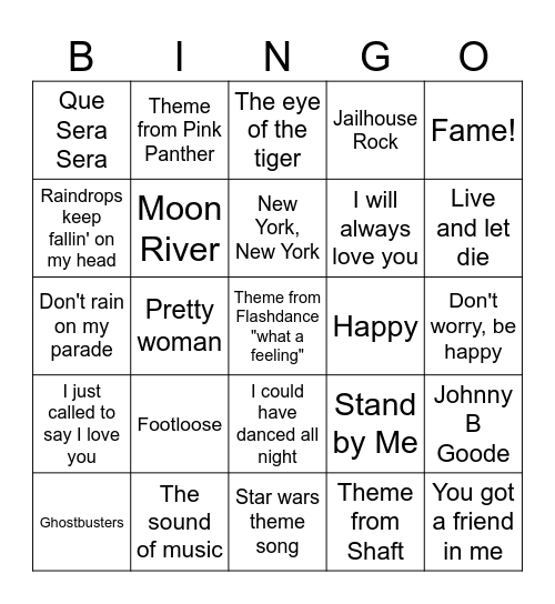 Songs from the films Bingo Card