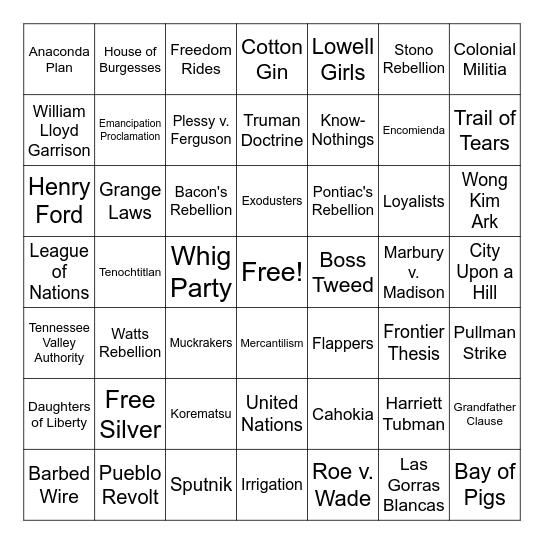 APUSH Bingo Card