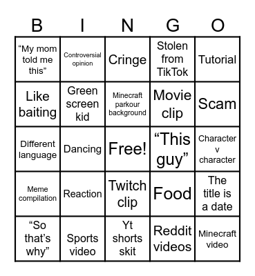 YouTube shorts Bingo Card