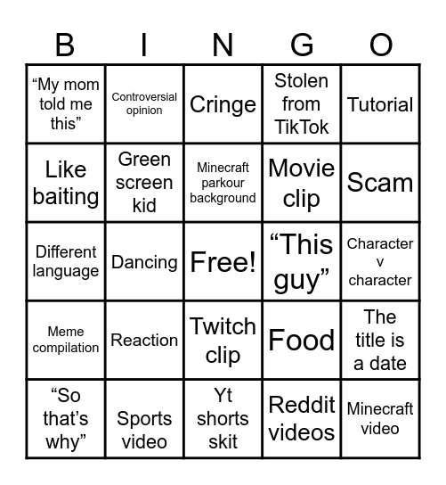 YouTube shorts Bingo Card