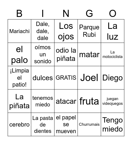 Mata la Pinata Bingo Card