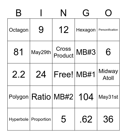 Math Bingo 5/16/24 Bingo Card