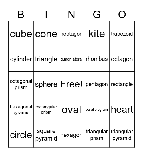 2D and 3D shapes Bingo Card