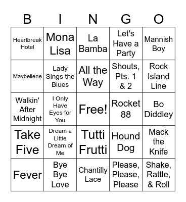 50's Music Bingo Card