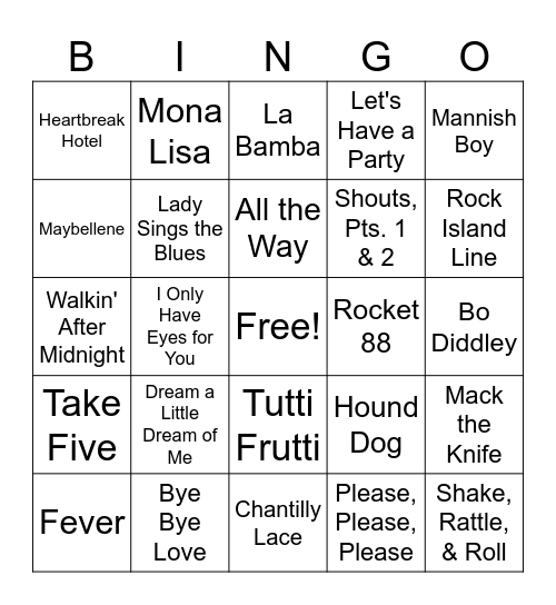 50's Music Bingo Card