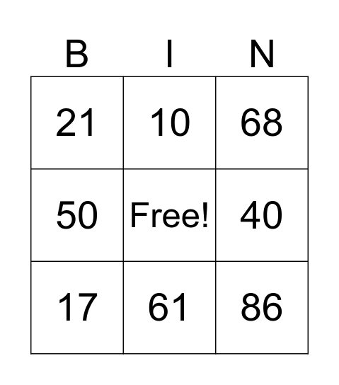 Addition within 100 Bingo Card