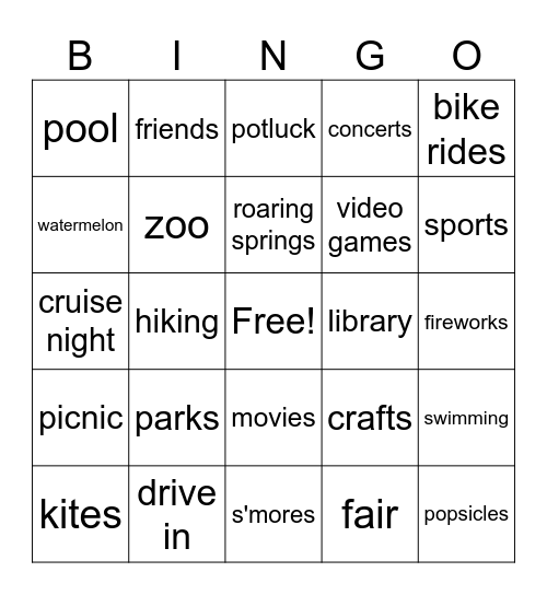 Summer Vacation Bingo Card