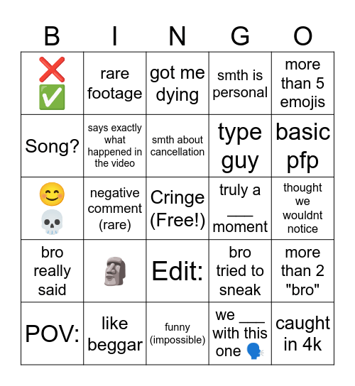 Youtube shorts comment bingo Card