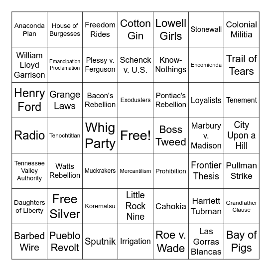 APUSH Bingo Card