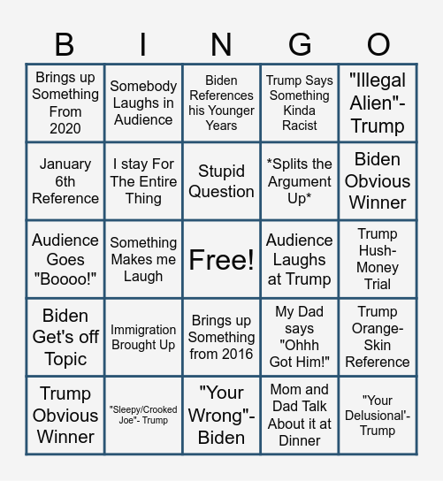 Presidential Debate Bingo Card