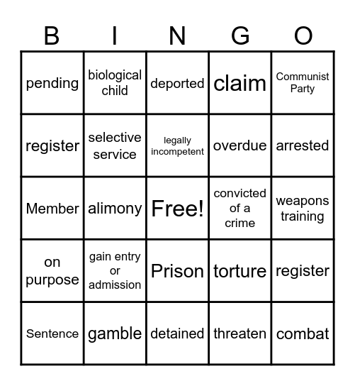 N400 Vocabulary Bingo Card