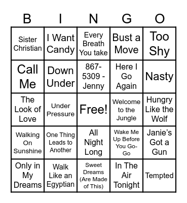 Piccadillys and Summit Events Music Bingo Card