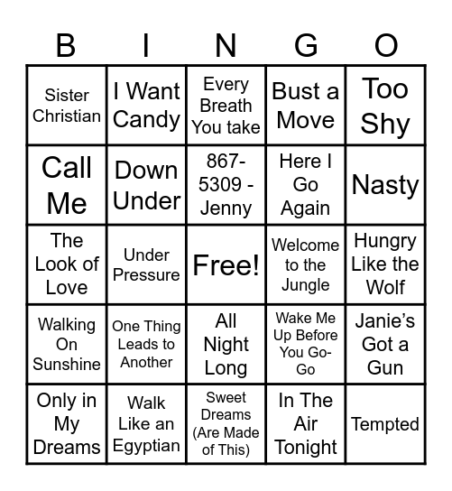 Piccadillys and Summit Events Music Bingo Card