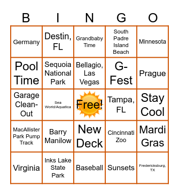 Summer Vacation Bingo Card