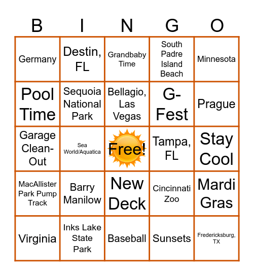 Summer Vacation Bingo Card