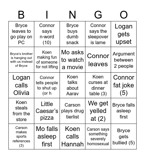Bryce’s sleepover bingo Card