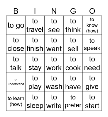 Vocabulary Revision Bingo Card