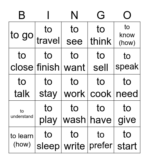 Vocabulary Revision Bingo Card