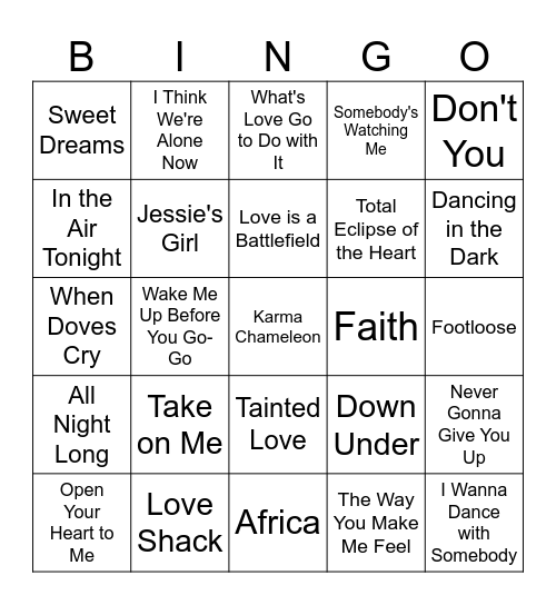 80's Pop Songs Bingo Card