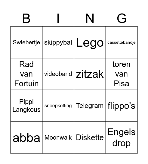 BINGO jaren 70, 80, 90, 00 Bingo Card