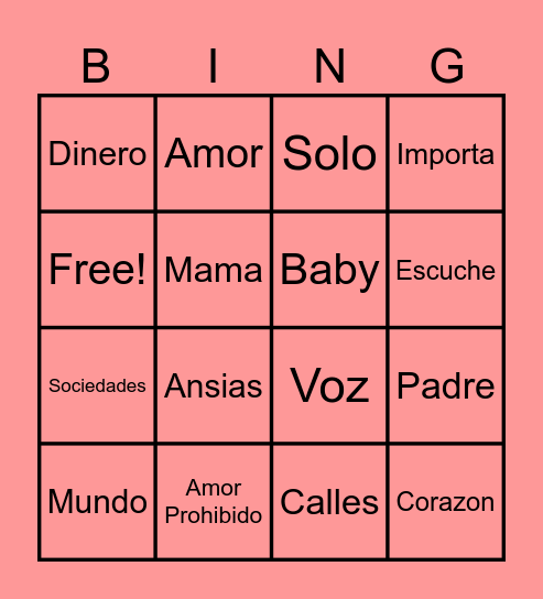 Amor Prohibido Bingo Card