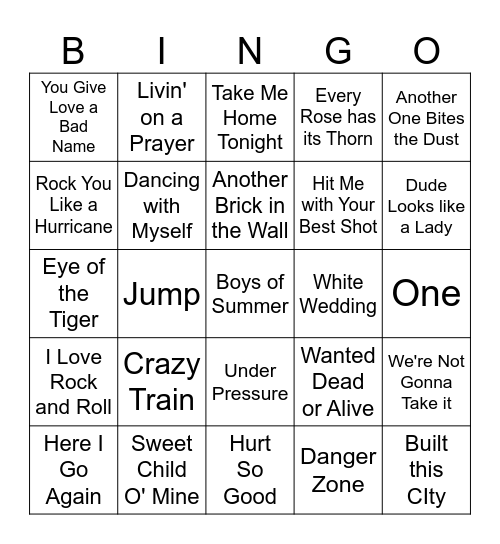 80's Rock Songs Bingo Card