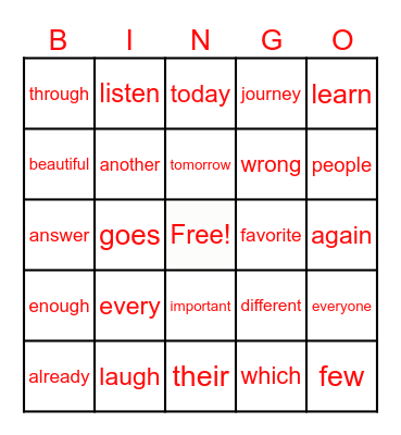 Red Word Bingo Card