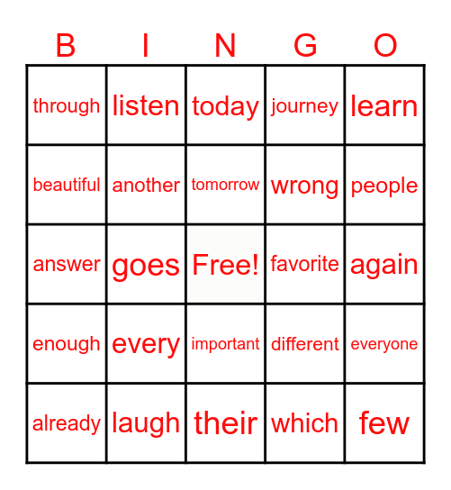 Red Word Bingo Card