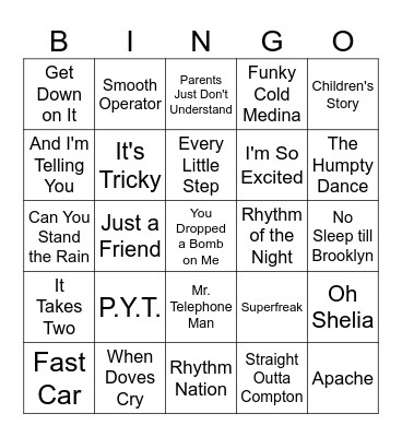 80's R&B/Hip Hop Songs Bingo Card