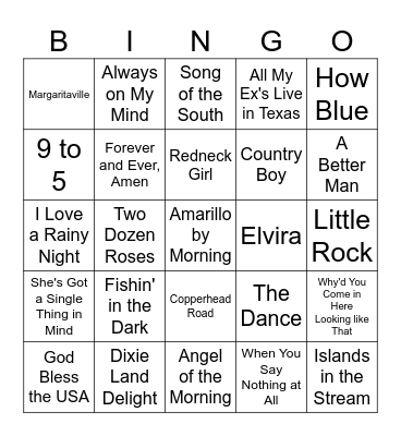 80's Country Songs Bingo Card