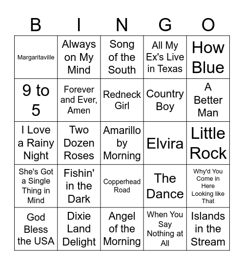 80's Country Songs Bingo Card