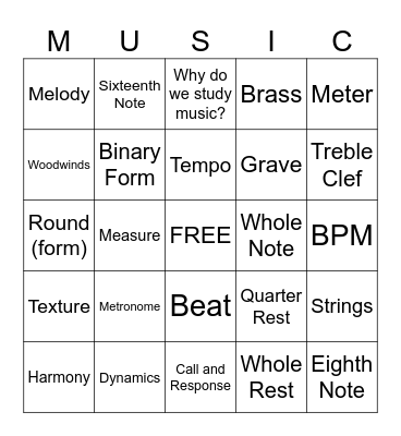 Elements of Music Bingo Card