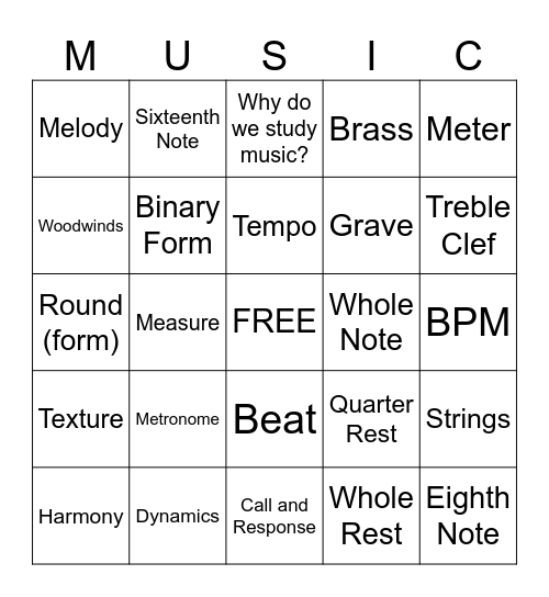 Elements of Music Bingo Card