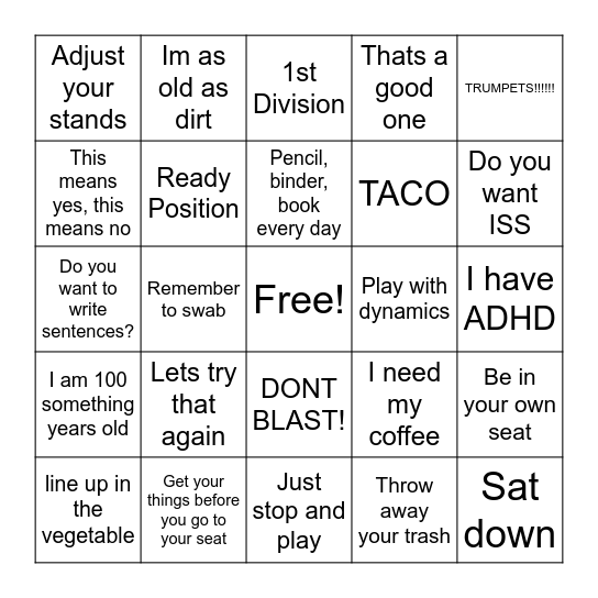 Band Director Sayings Bingo Card